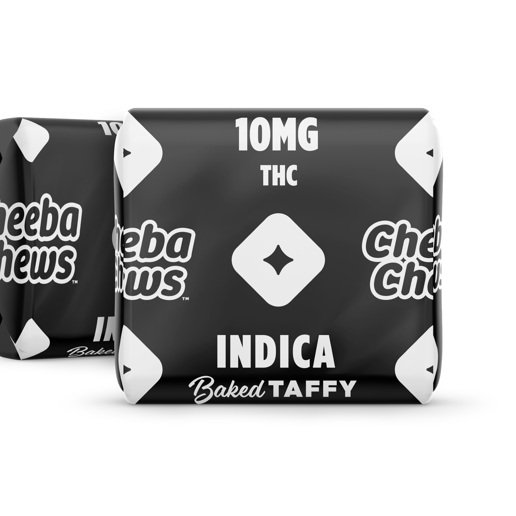 Indica Cheeba Chews baked taffy packaging featuring 100mg THC, designed for a relaxing experience.