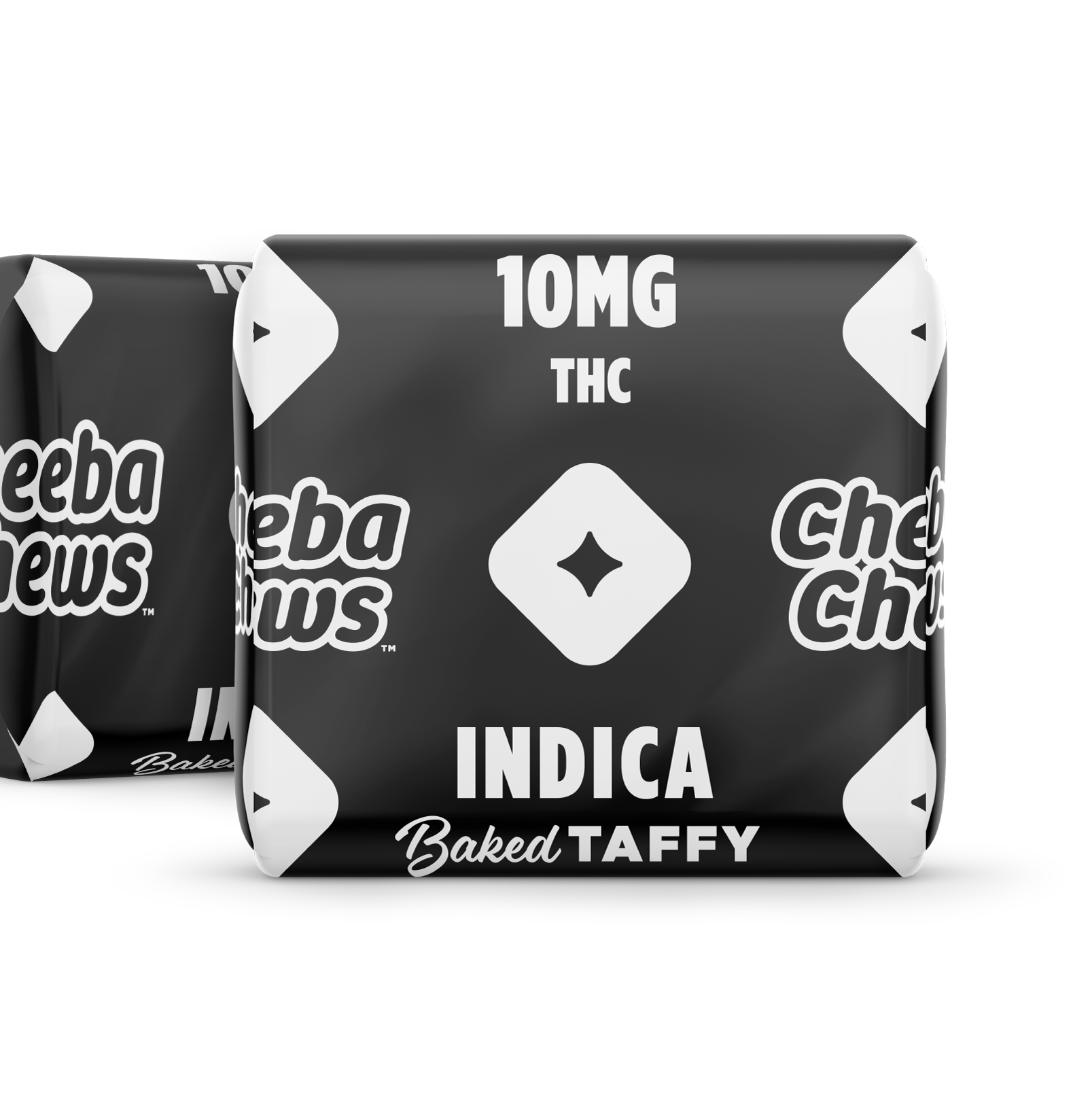 Indica Cheeba Chews baked taffy packaging featuring 100mg THC, designed for a relaxing experience.
