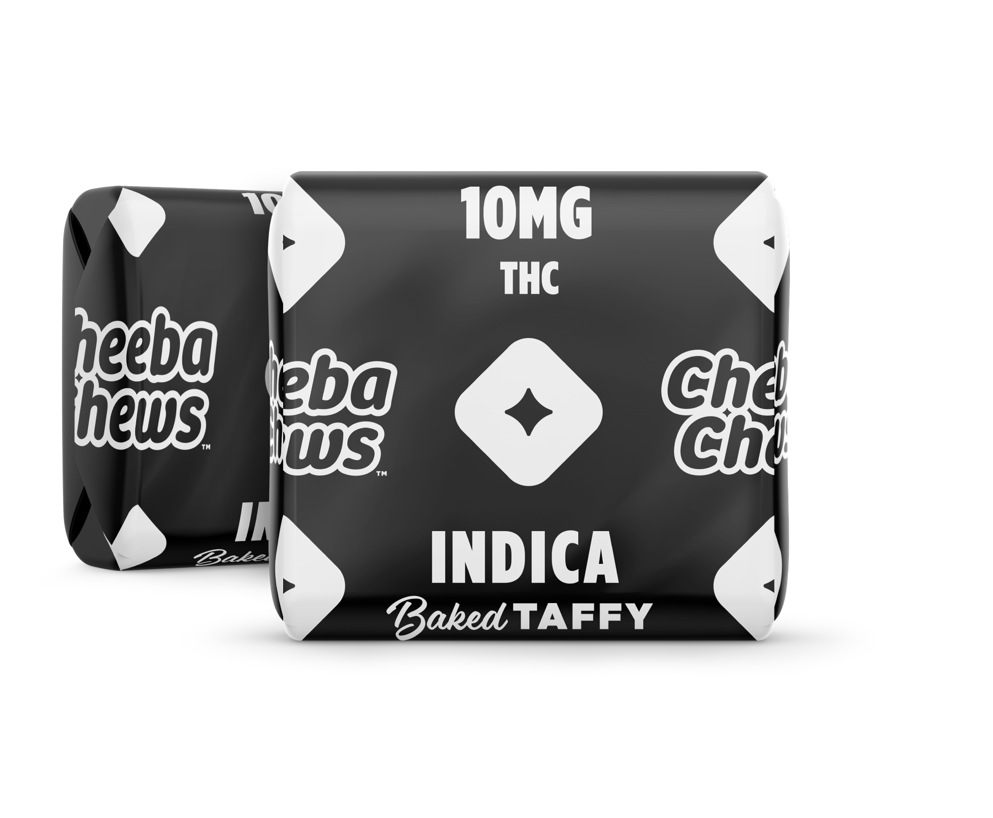 Indica Cheeba Chews baked taffy packaging featuring 100mg THC, designed for a relaxing experience.