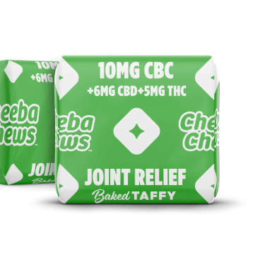 Cheeba Chews Joint Relief baked taffy packaging featuring 10mg CBC, 6mg CBD, and 5mg THC for pain relief.