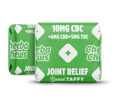 Cheeba Chews Joint Relief baked taffy packaging featuring 10mg CBC, 6mg CBD, and 5mg THC for pain relief.