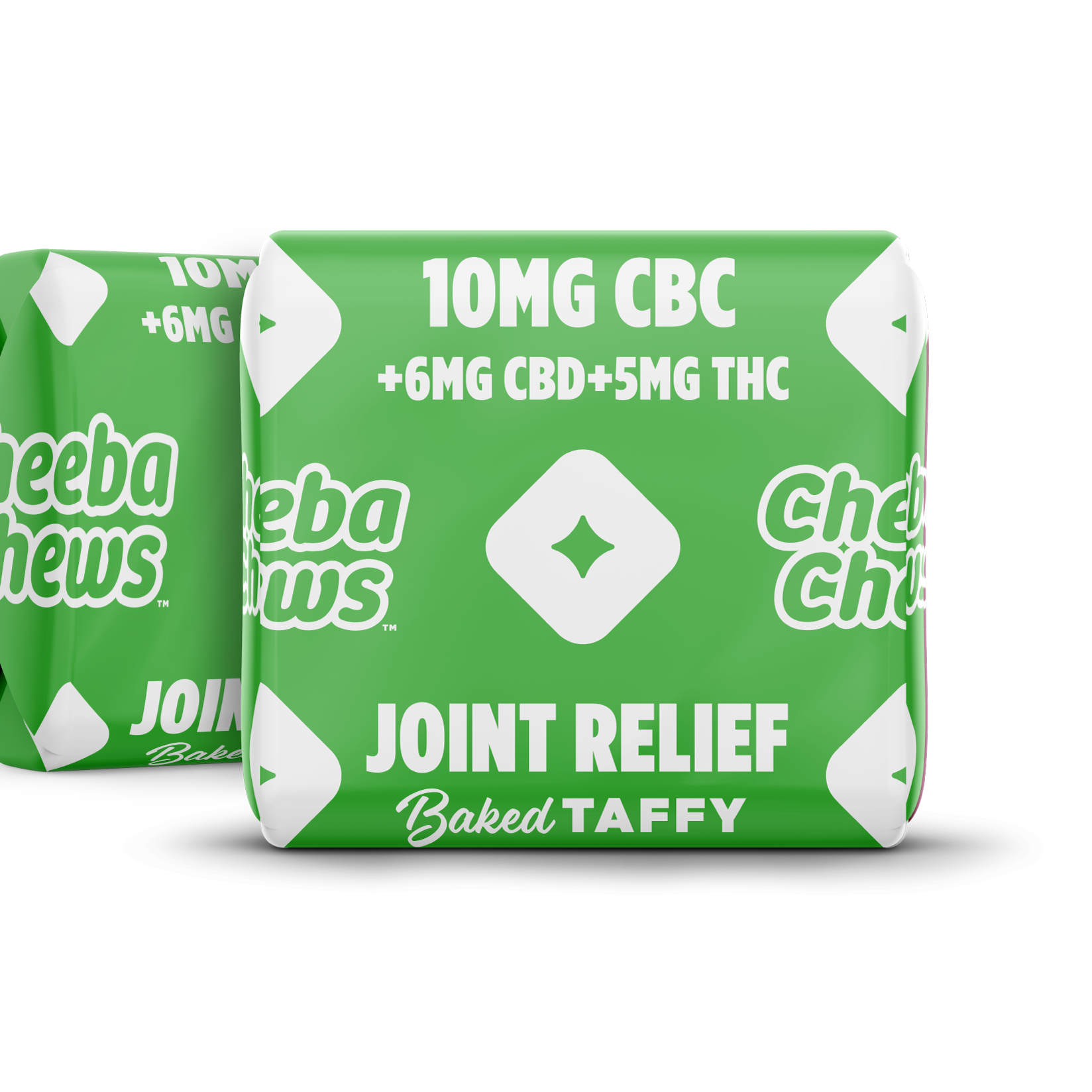 Cheeba Chews Joint Relief baked taffy packaging featuring 10mg CBC, 6mg CBD, and 5mg THC for pain relief.