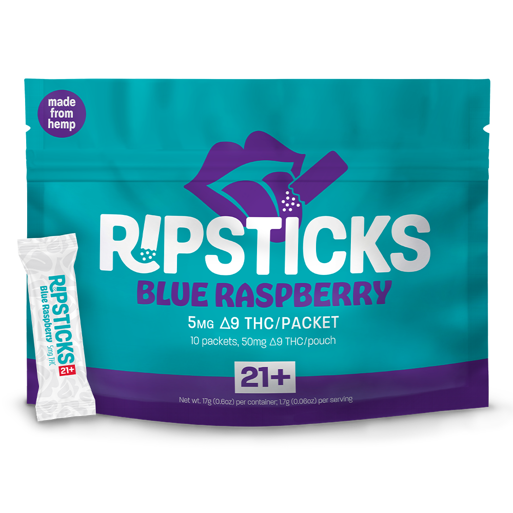 Blue raspberry-flavored hemp-derived THC edibles, 10 packets, 5mg each, in a teal and purple resealable pouch.