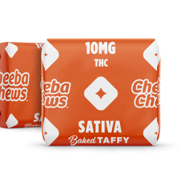 Cheeba Chews Sativa baked taffy packaging, featuring 10mg THC per piece, vibrant orange design with brand logo.