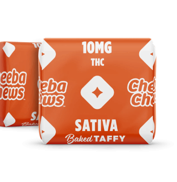 Cheeba Chews Sativa baked taffy packaging, featuring 10mg THC per piece, vibrant orange design with brand logo.