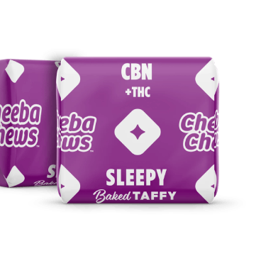 Cheeba Chews Sleepy baked taffy packaging featuring a purple design, containing 50mg of CBN and THC per bag.