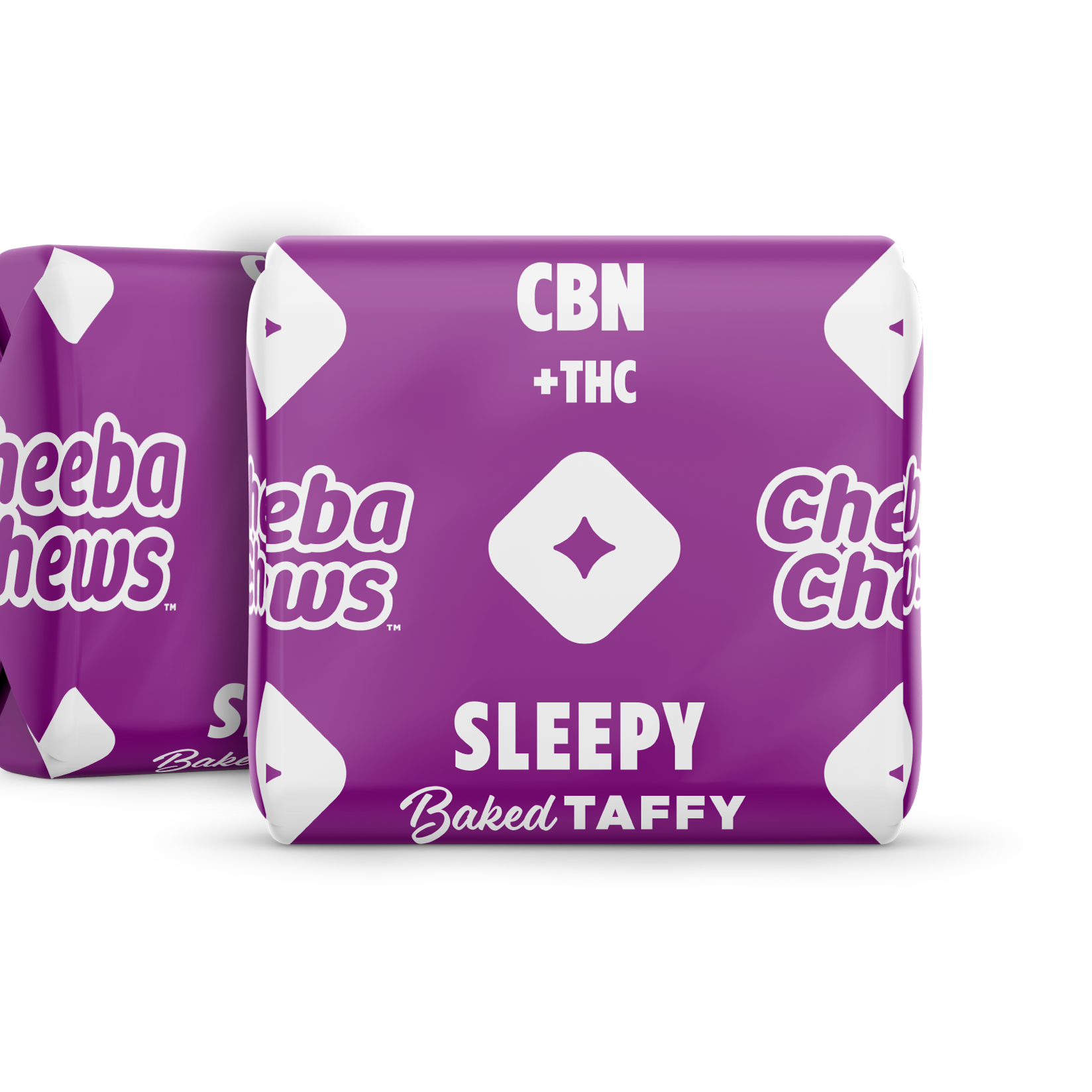 Cheeba Chews Sleepy baked taffy packaging featuring a purple design, containing 50mg of CBN and THC per bag.
