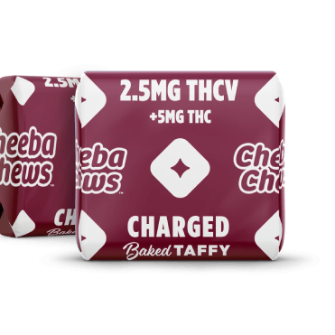Cheeba Chews THCV Charged baked taffy bag featuring 50mg total, with 2.5mg THCV and 5mg THC per piece.