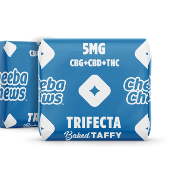 Cheeba Chews Trifecta baked taffy packaging featuring 50mg of CBG, CBD, and THC per bag in a blue design.