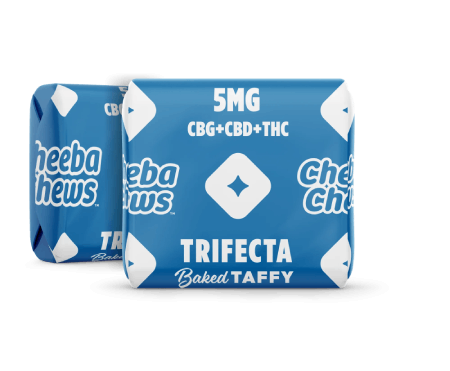 Cheeba Chews Trifecta baked taffy packaging featuring 50mg of CBG, CBD, and THC per bag in a blue design.
