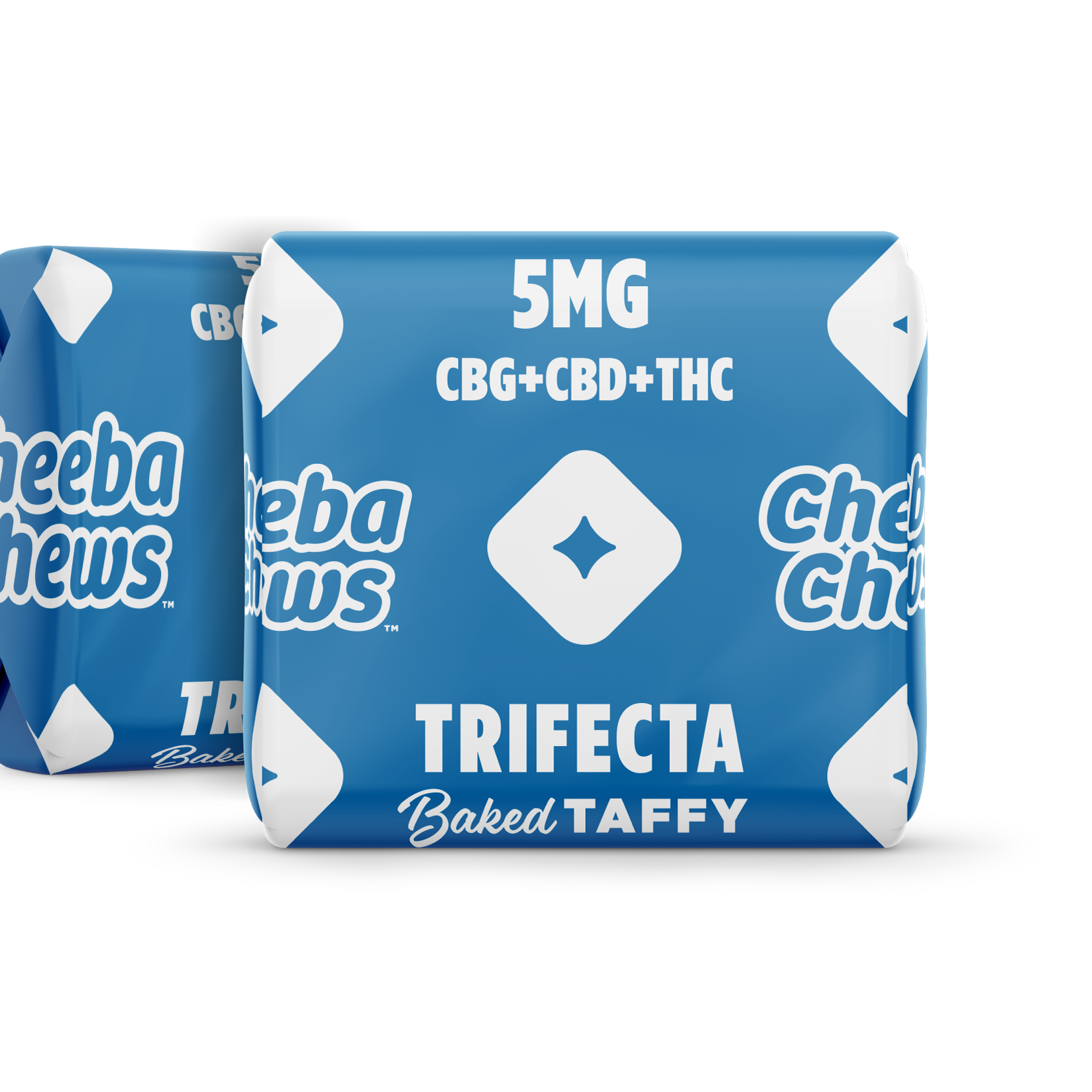 Cheeba Chews Trifecta baked taffy packaging featuring 50mg of CBG, CBD, and THC per bag in a blue design.