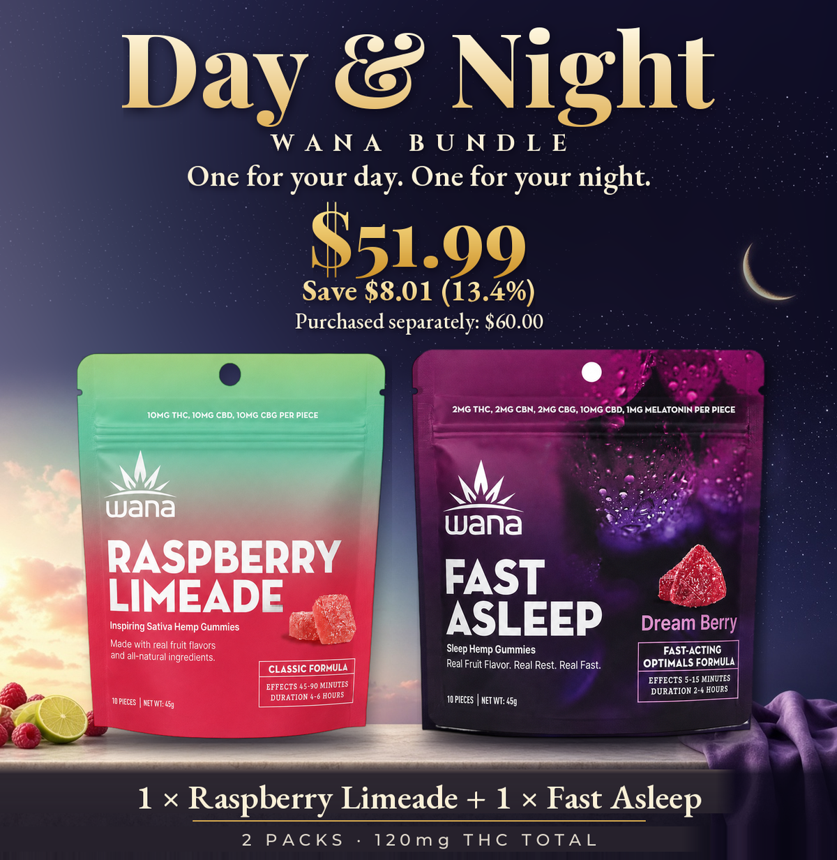 Wana Day & Night Bundle with Raspberry Limeade and Fast Asleep gummies