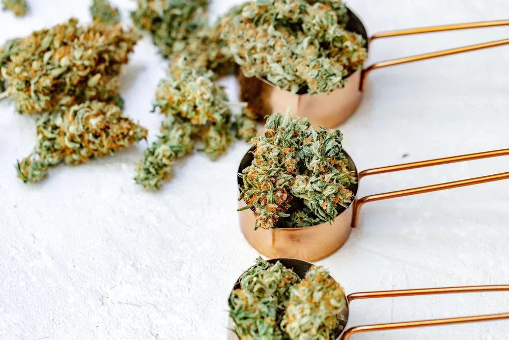 Marijuana buds, leaves and resin, flat lat, top view