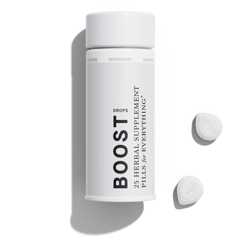 White bottle labeled "Boost" containing 25 herbal supplement pills, with two pills displayed beside it.
