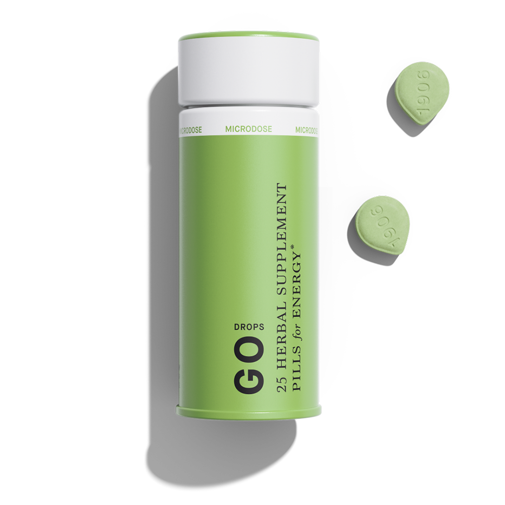 Green container of 1906 Go herbal supplement pills for energy, featuring two green pills beside it.