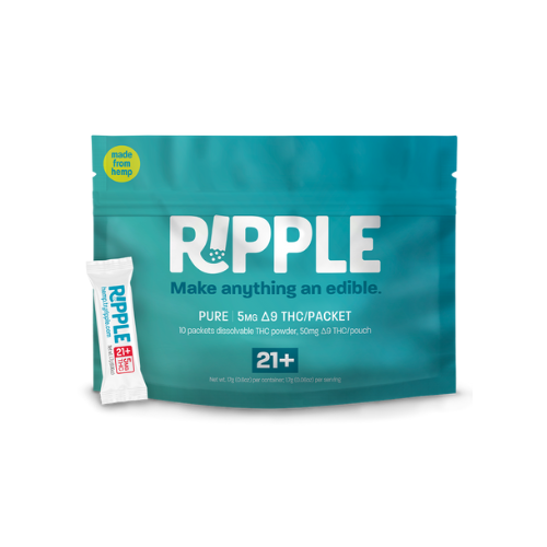 RIPPLE PURE DISSOLVABLE pack containing 10 packets of 50mg THC powder for easy edible preparation. Made from hemp.
