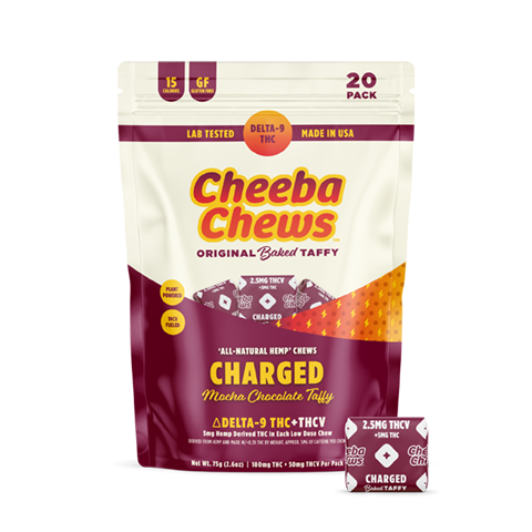 Cheeba Chews THCV Charged bag featuring mocha chocolate taffy with 100mg total THCV, lab tested and made in the USA.