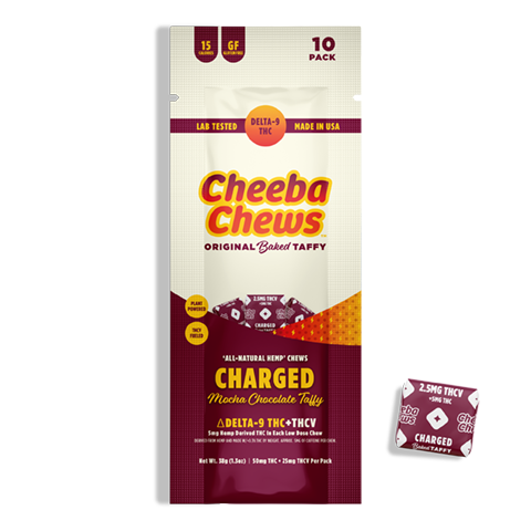 Cheeba Chews THCV Charged taffy bag featuring 10 pieces, each with 5mg THCV, made from all-natural hemp ingredients.