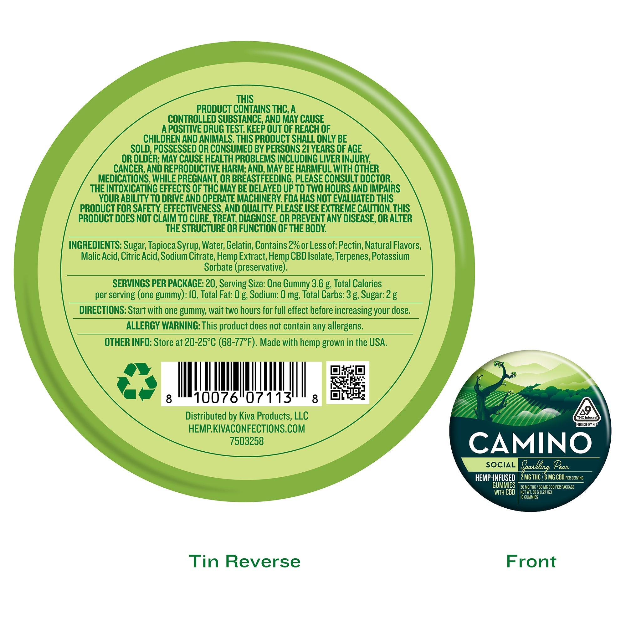 Camino Sparkling Pear gummies featuring 2mg THC and 6mg CBD per gummy, packaged in a green tin with ingredient details.