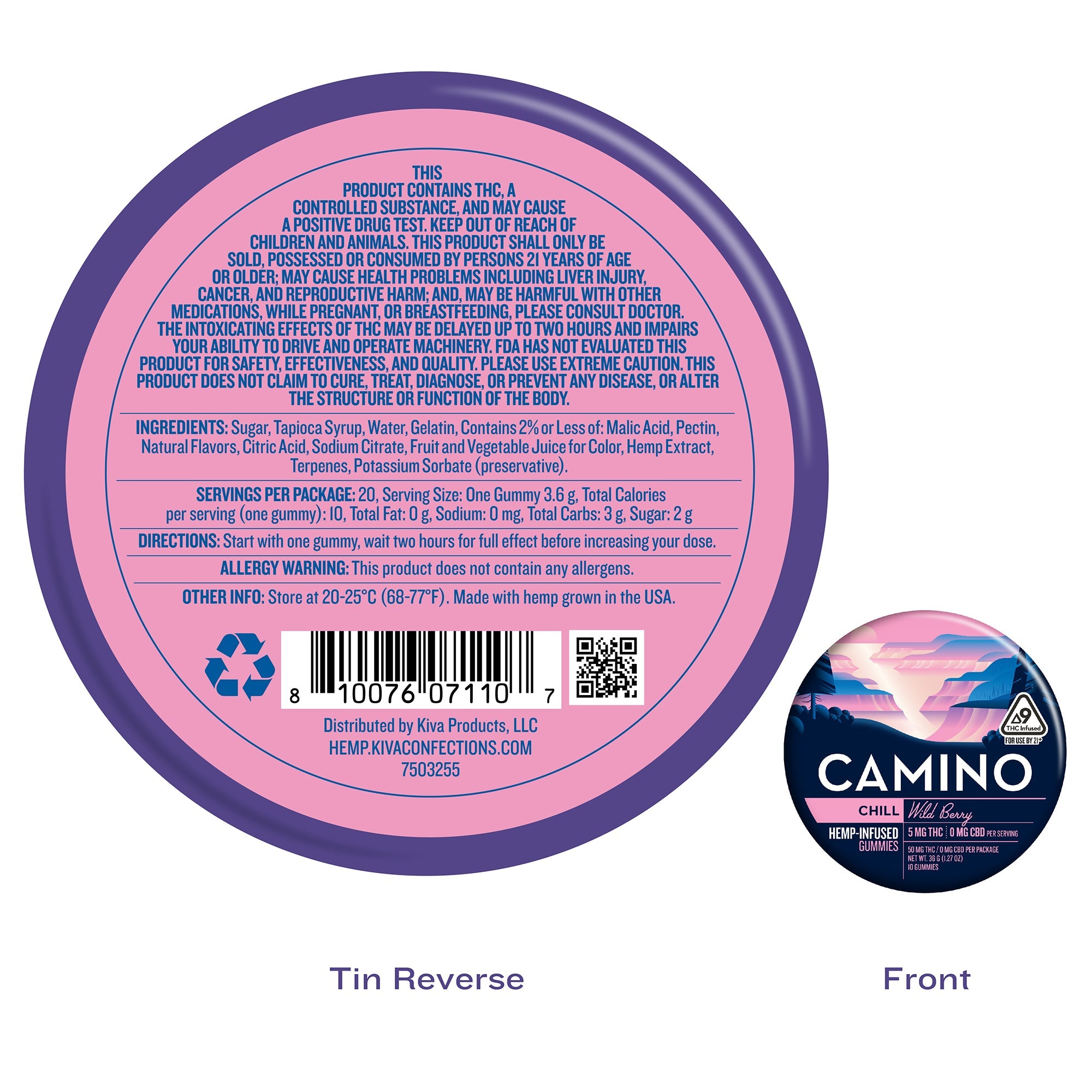 Camino Wild Berry Chill gummies featuring 5mg THC per gummy, 100mg total, in a vibrant tin packaging.