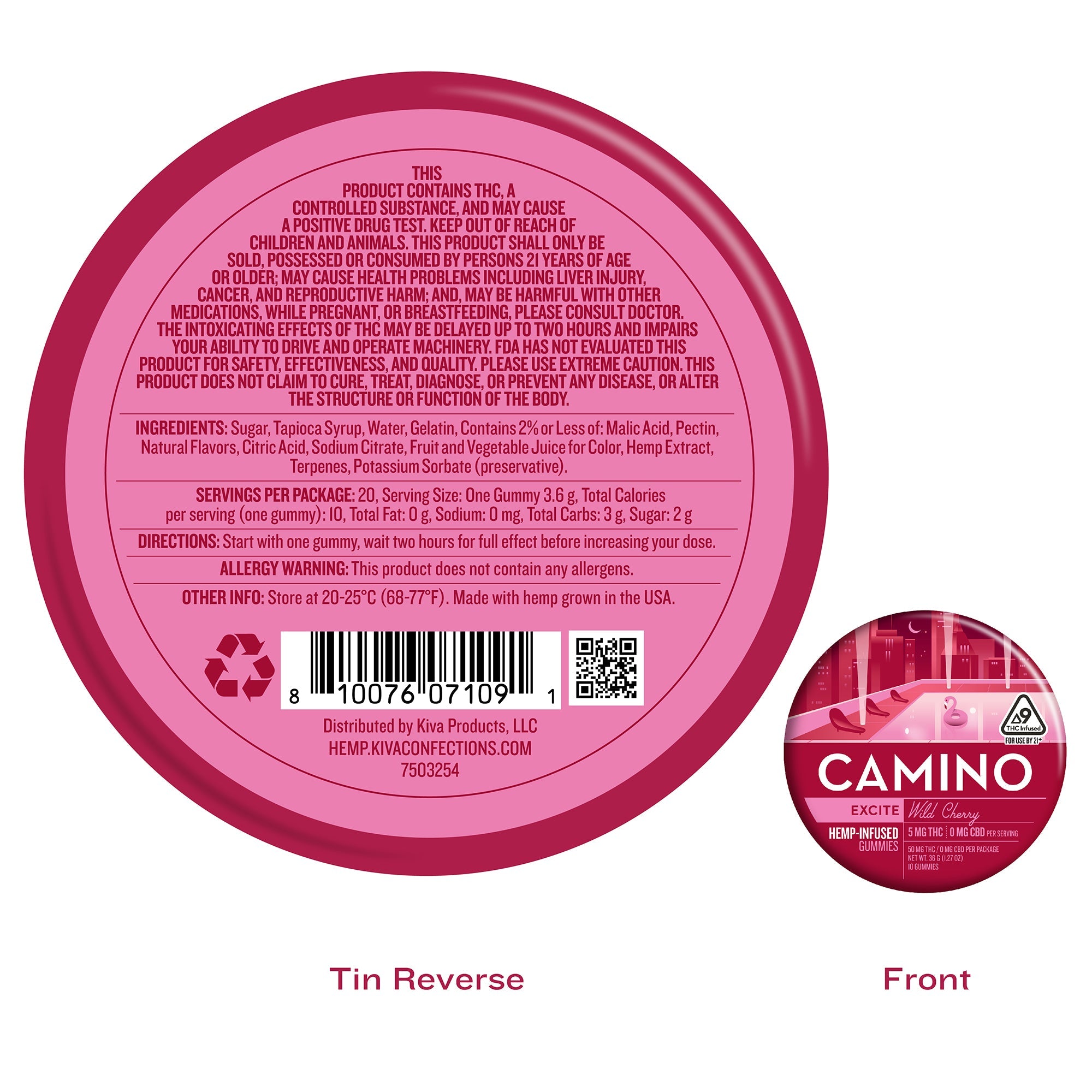 Camino Wild Cherry Excite gummies featuring 5mg THC each, packaged in a vibrant tin for easy access and storage.