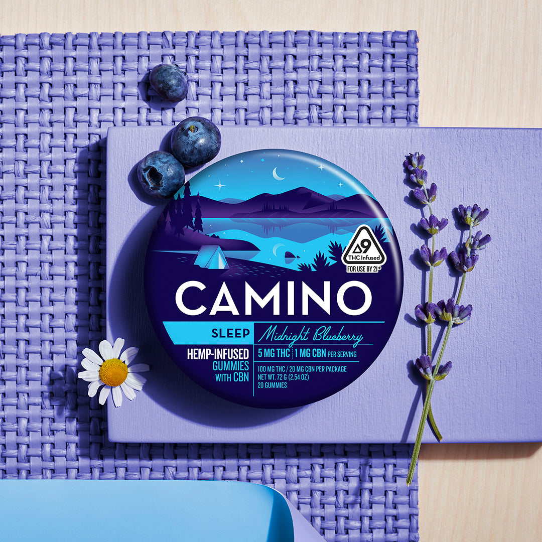 Camino Midnight Blueberry sleep gummies featuring 5mg THC and 1mg CBN in a vibrant blue container with blueberries and lavender.