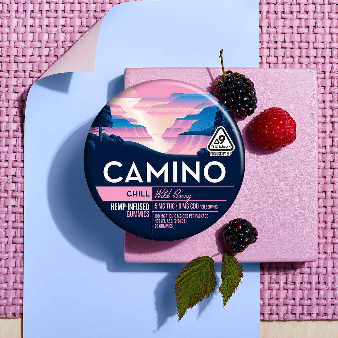 Camino Wild Berry Chill gummies featuring 5mg THC per gummy, packaged in a colorful container with berries.