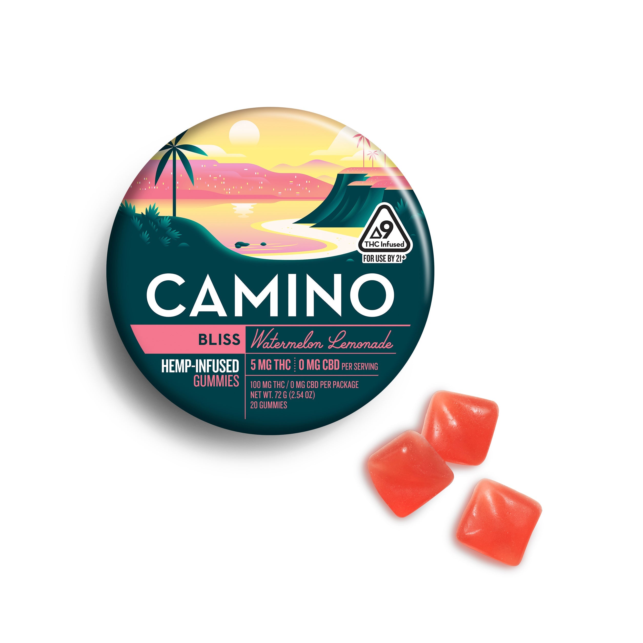 Camino Watermelon Lemonade Bliss gummies featuring 5mg THC and 1mg CBD per serving in a vibrant, tropical package.
