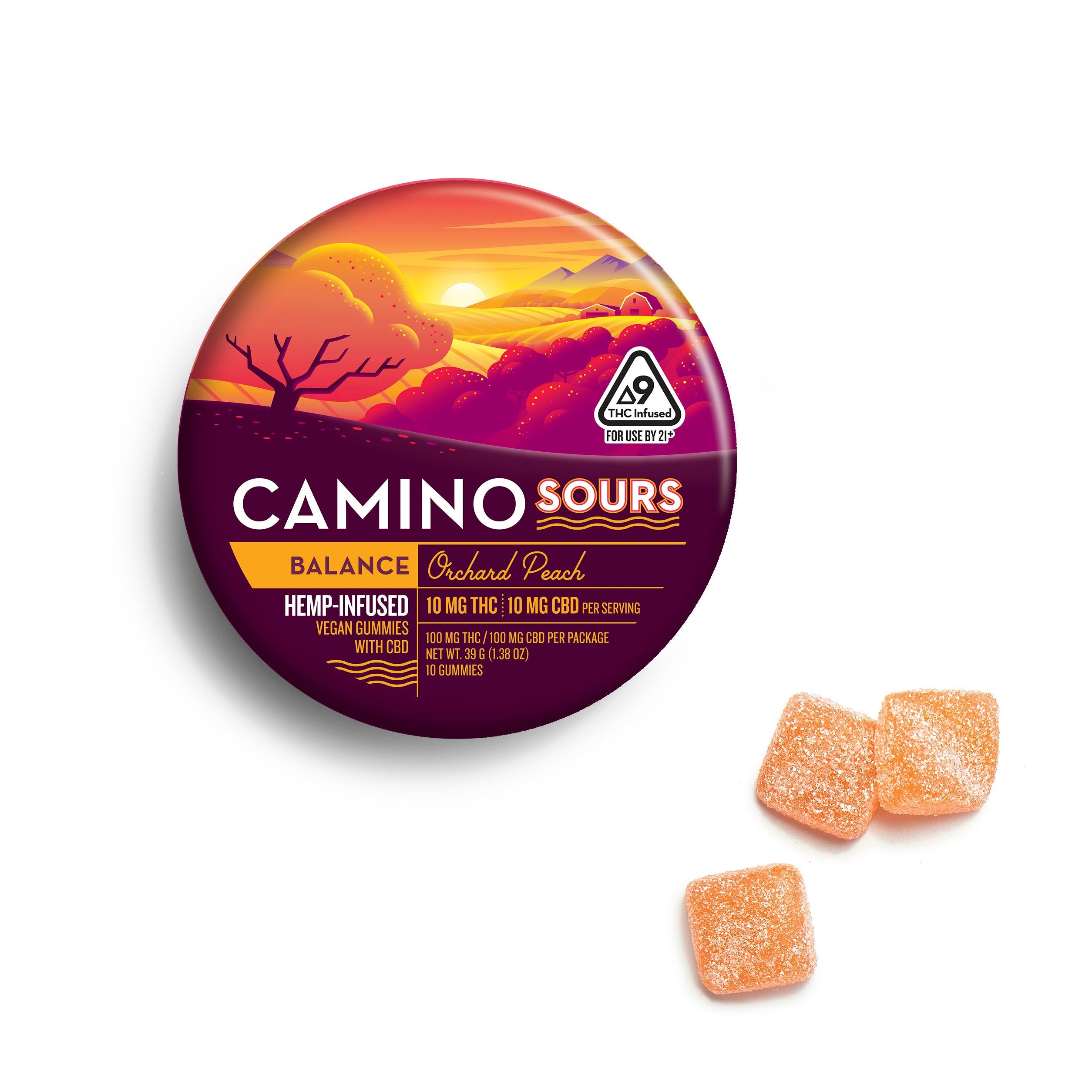 Hemp-infused Sours gummies in orange peach flavor, 10mg THC and CBD each, in a purple container with sunset scenery, lab-v...