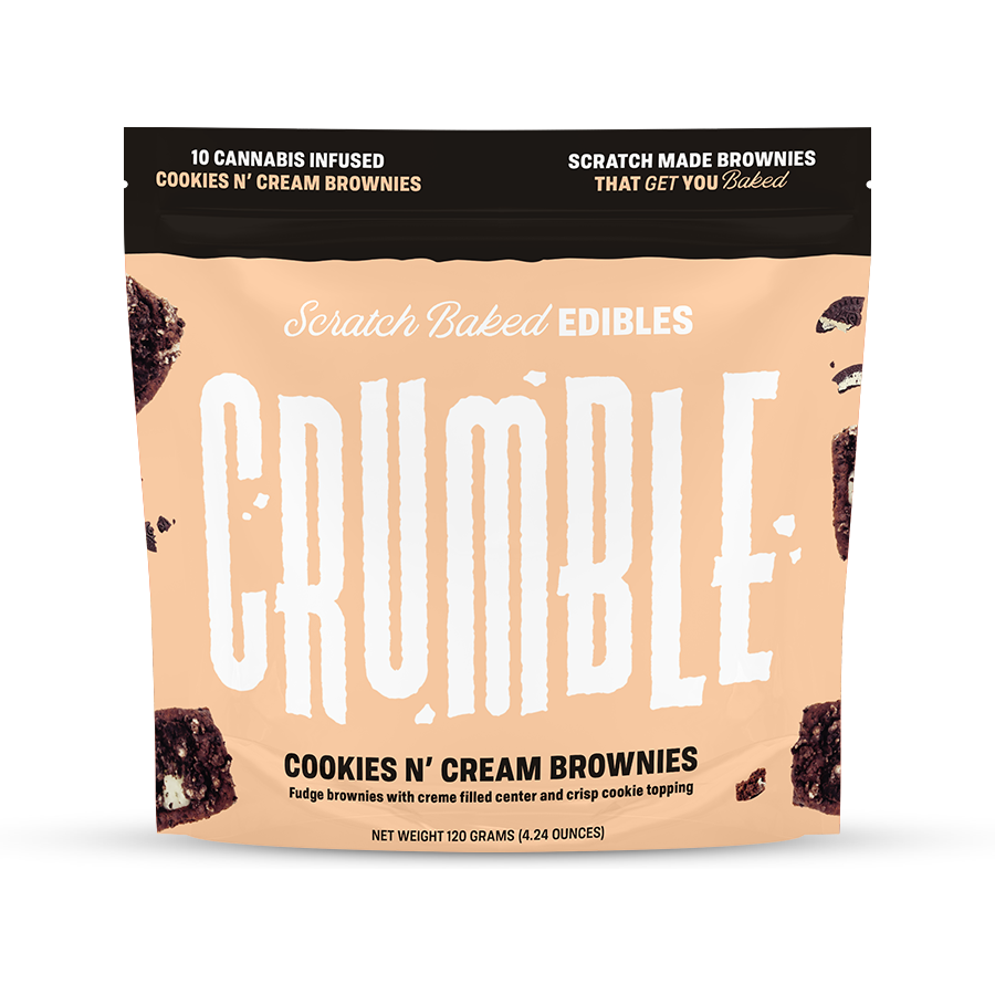 Crumble Cookies N' Cream Brownies package featuring cannabis-infused brownies with a creamy filling and cookie topping.