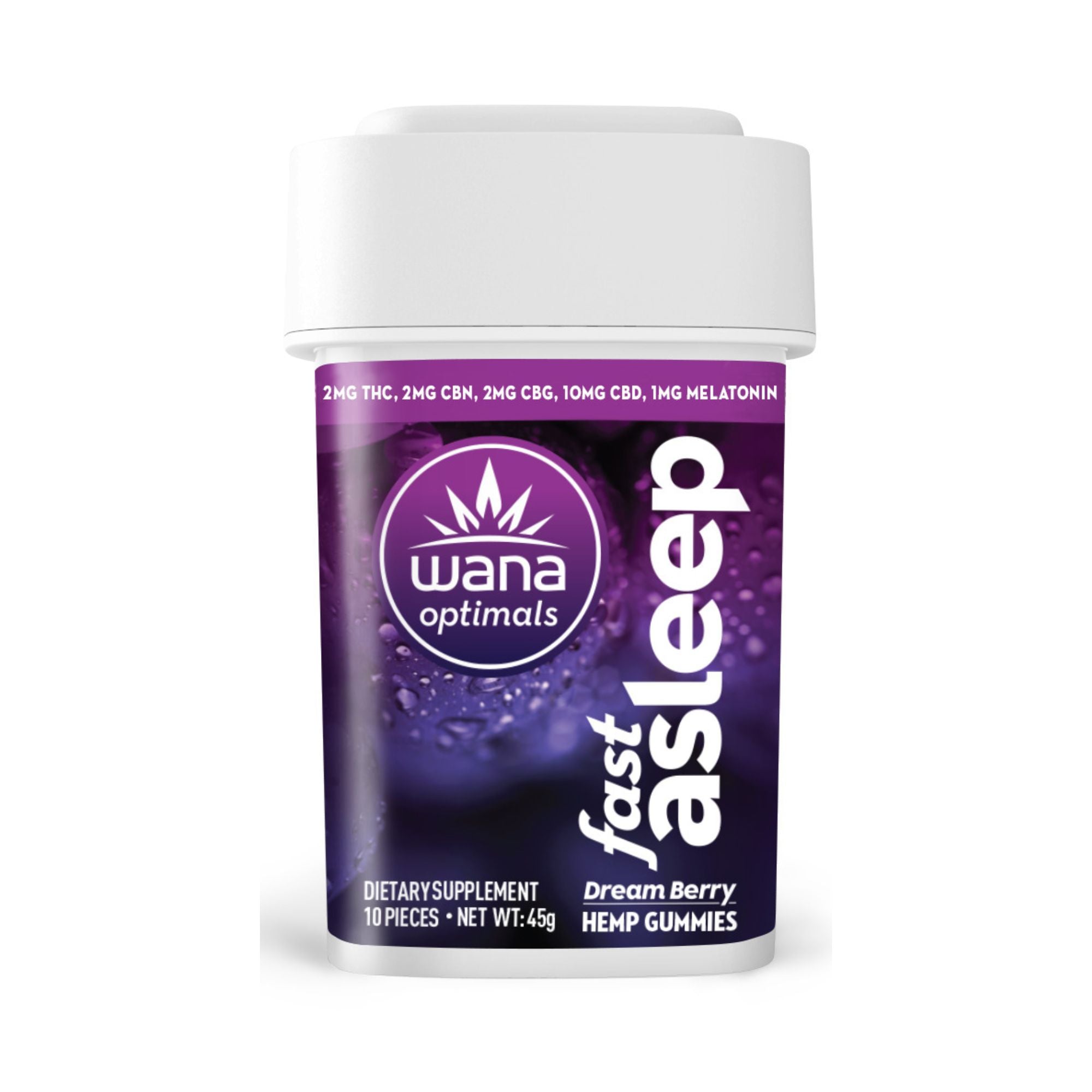 Wana Optimals Fast Asleep hemp gummies bottle featuring Dream Berry flavor, with 2mg THC, CBN, CBG, 10mg CBD, and 1mg melatonin.