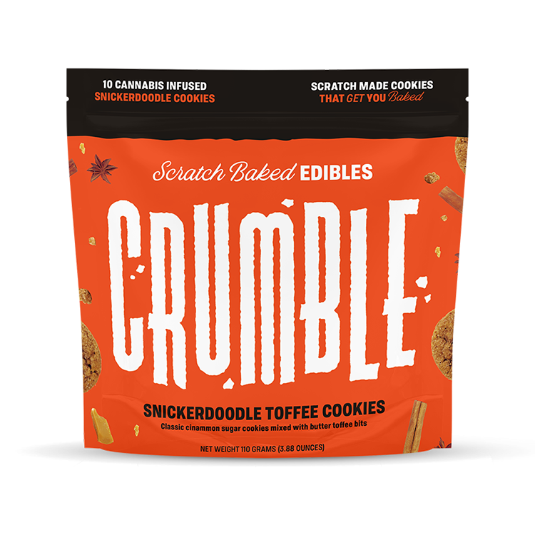 Crumble Snickerdoodle Toffee Cookie package featuring cannabis-infused cookies with cinnamon and toffee bits.