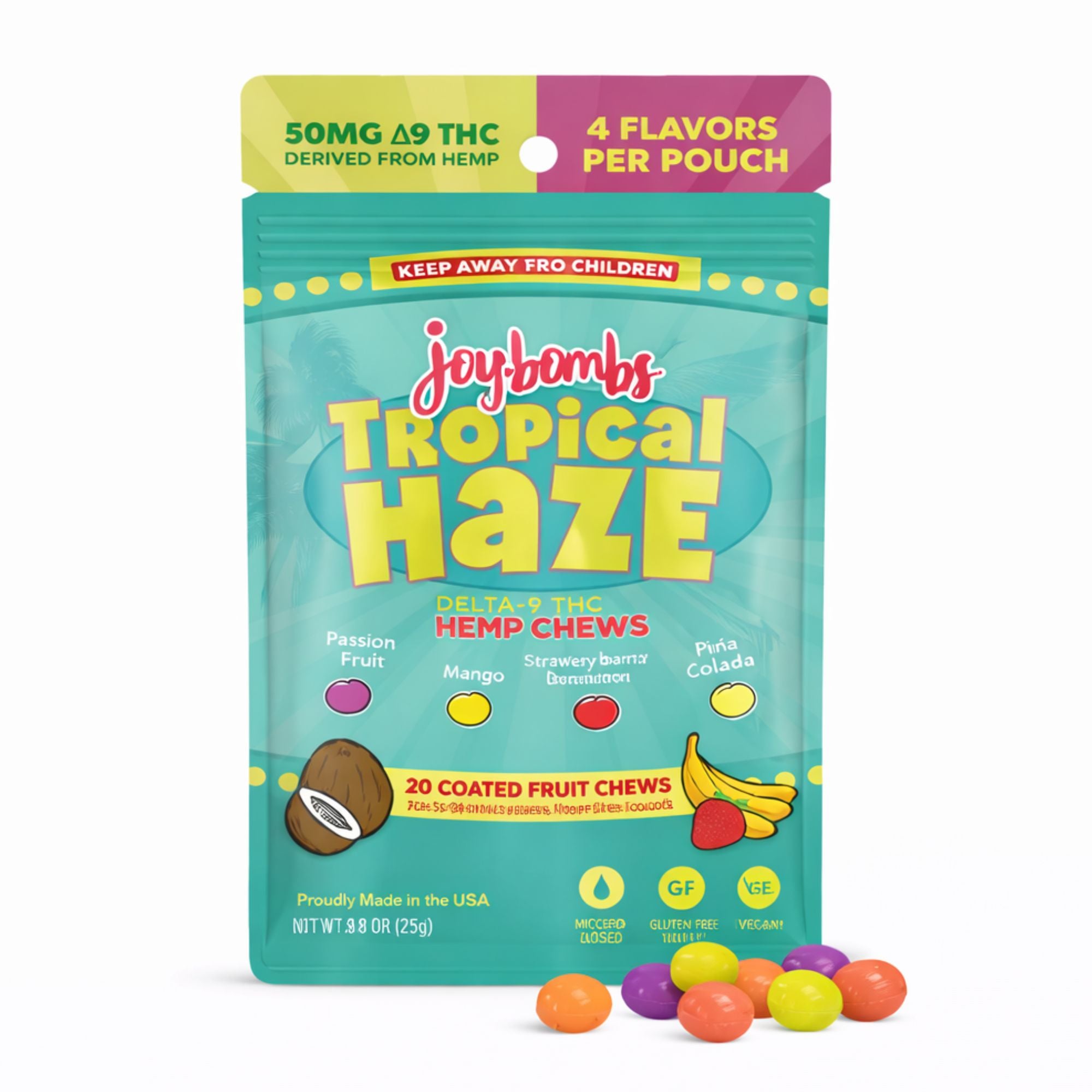 bonbonjojoページ Joy Bombs Tropical Haze | 2.5mg THC Hemp Chews | 20 Gluten-Free