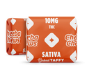 Cheeba Chews Sativa baked taffy packaging, featuring 10mg THC per piece, vibrant orange design with brand logo.