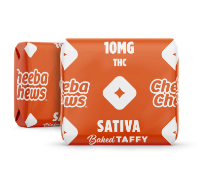 Cheeba Chews Sativa baked taffy packaging, featuring 10mg THC per piece, vibrant orange design with brand logo.