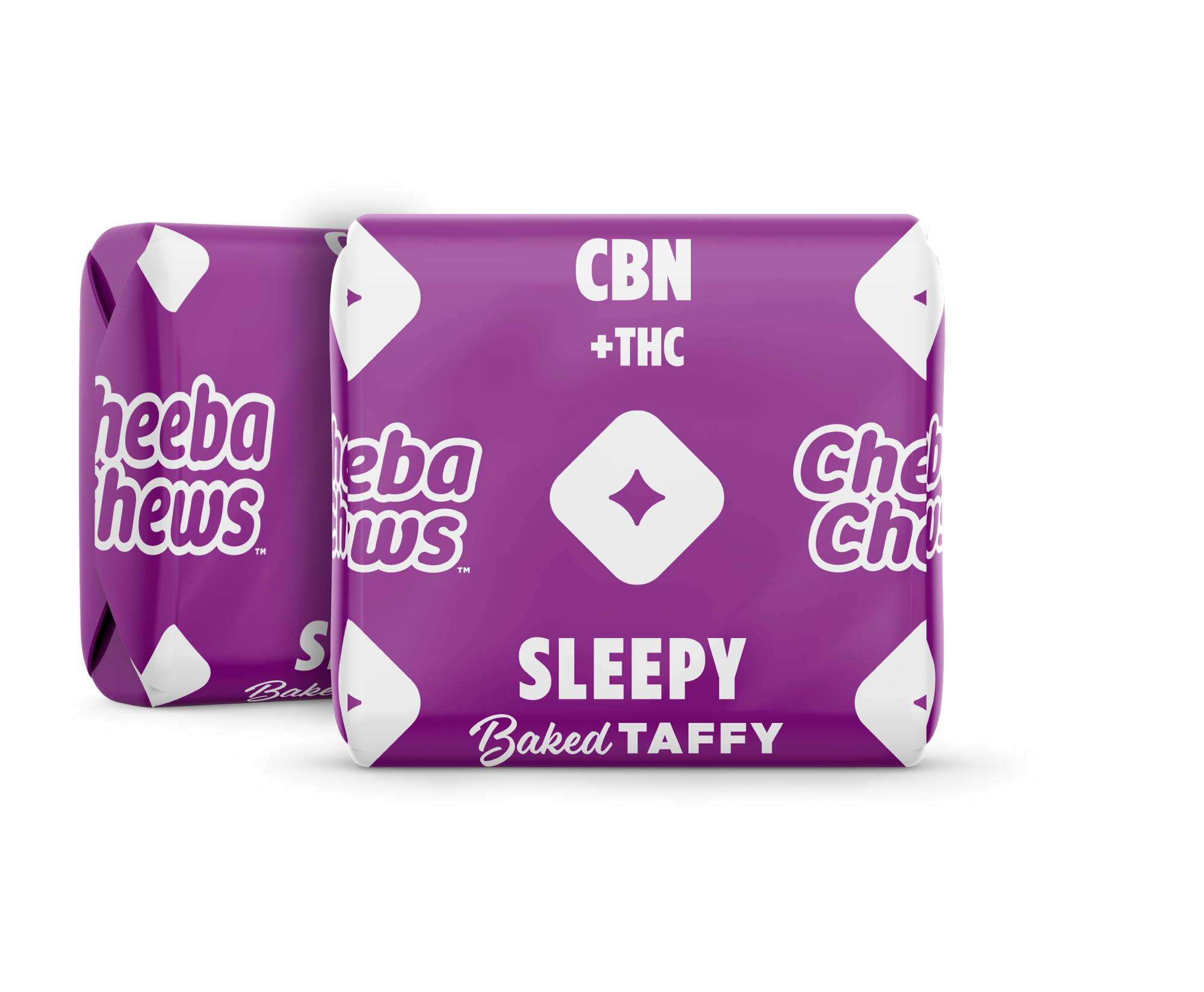 Cheeba Chews Sleepy baked taffy packaging featuring a purple design, containing 50mg of CBN and THC per bag.