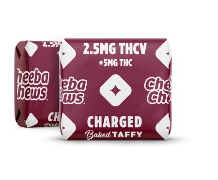 Cheeba Chews THCV Charged baked taffy bag featuring 50mg total, with 2.5mg THCV and 5mg THC per piece.