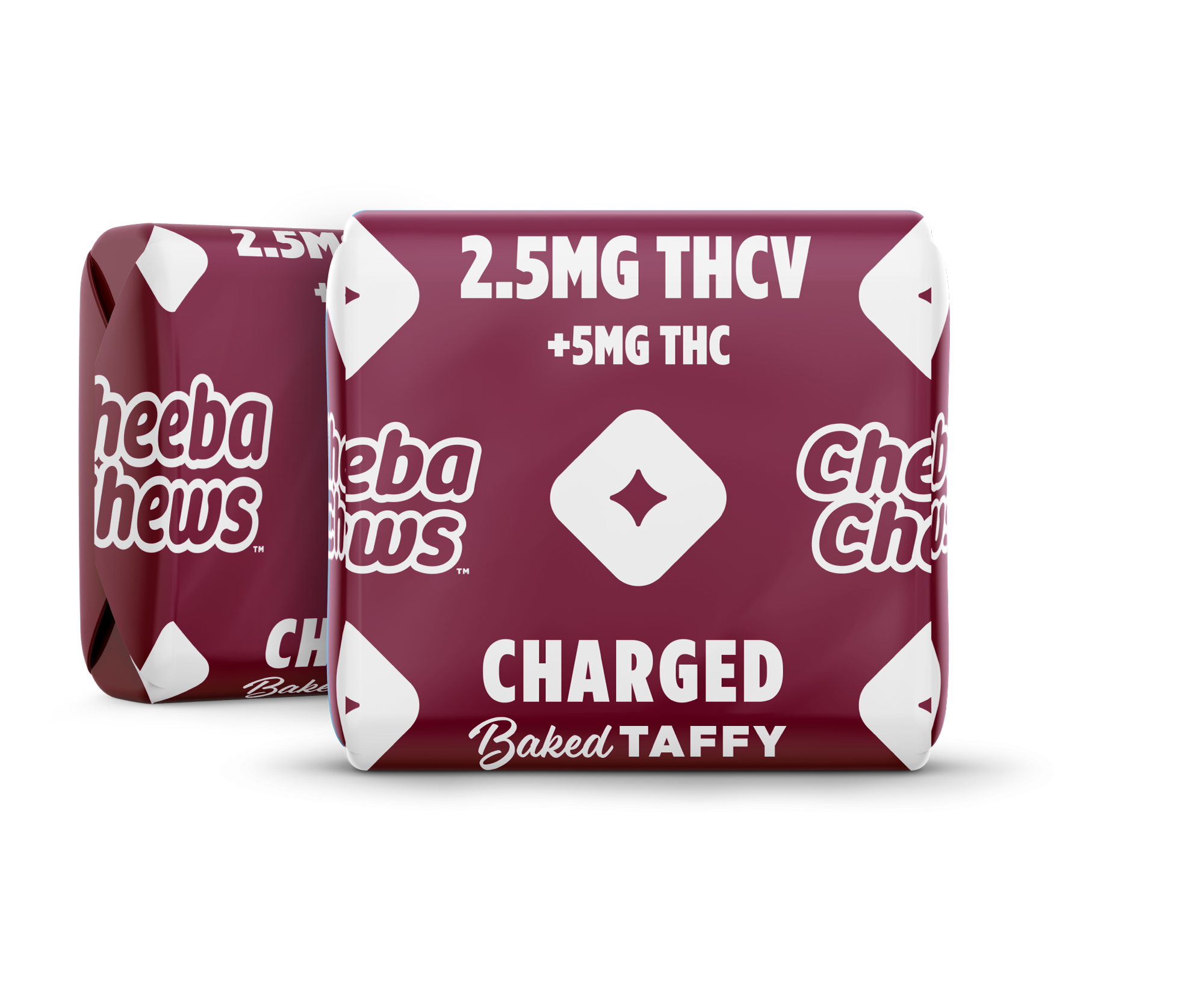 Cheeba Chews THCV Charged baked taffy bag featuring 50mg total, with 2.5mg THCV and 5mg THC per piece.