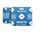 Cheeba Chews Trifecta baked taffy packaging featuring 50mg of CBG, CBD, and THC per bag in a blue design.