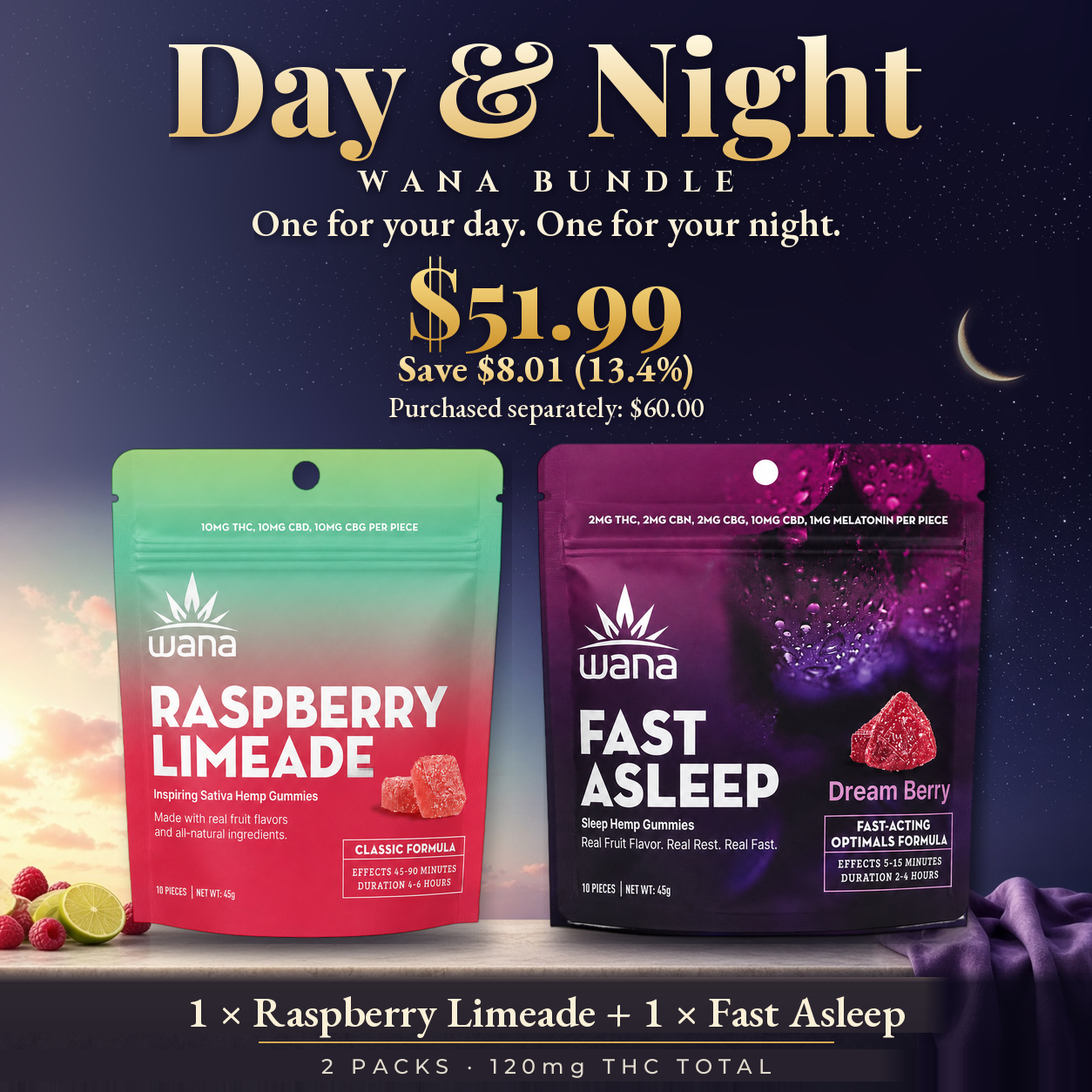 Wana Day & Night Bundle with Raspberry Limeade and Fast Asleep gummies