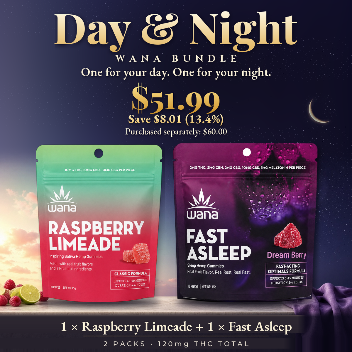Wana Day & Night Bundle with Raspberry Limeade and Fast Asleep gummies